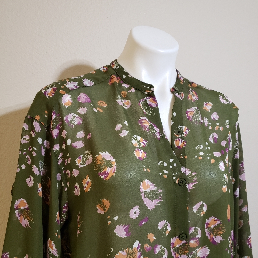 Max Studio Floral Sheer Blouse Size Small NWT Olive Green - Picture 3 of 8